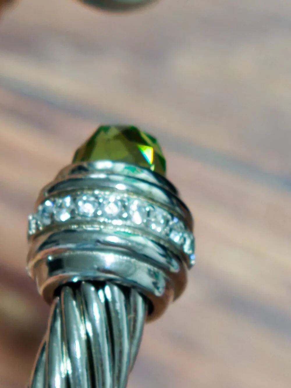David Yurman Silver Cable Cuff Bracelet with Green Gemstone Tips